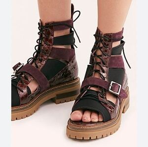 Free People Mandi Strappy Boot  Sandals Leather  Burgundy Black‎ 37 EU Size 7 US